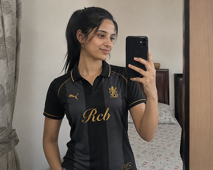 Ananya wearing a black and gold custom RCB polo