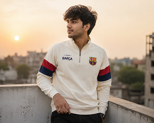 Karthik wearing the cream Barcelona retro quarter-zip at sunset