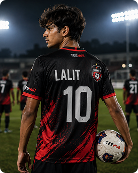 Lalit wearing a custom TeeHub football jersey