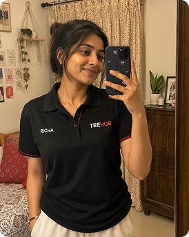 Richa wearing a black TeeHub polo