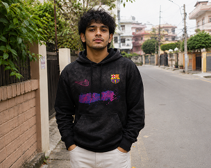 Rohit wearing the black Barcelona Travis Scott hoodie